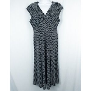 Jones Wear Dress V Neck Cap Sleeve Midi Dress Size 14 Geo Print Empire Waist